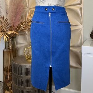 Fate Royal Blue High-Waist Suede Pencil Skirt with Front Zip